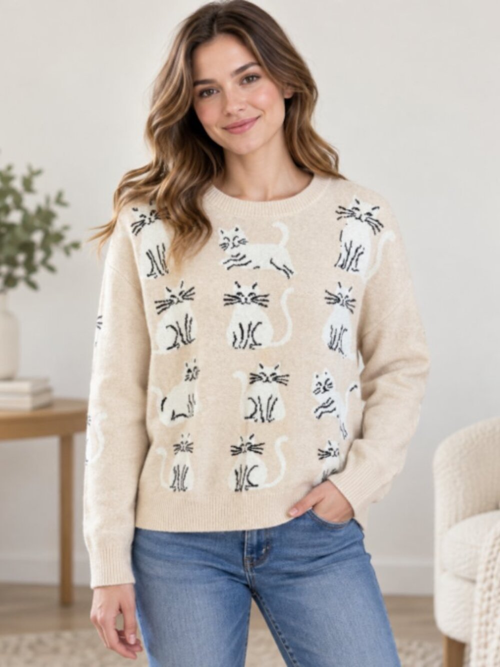 Anthropologie Calligraphie women's XLSweater Button Playing Cat Cream NWT